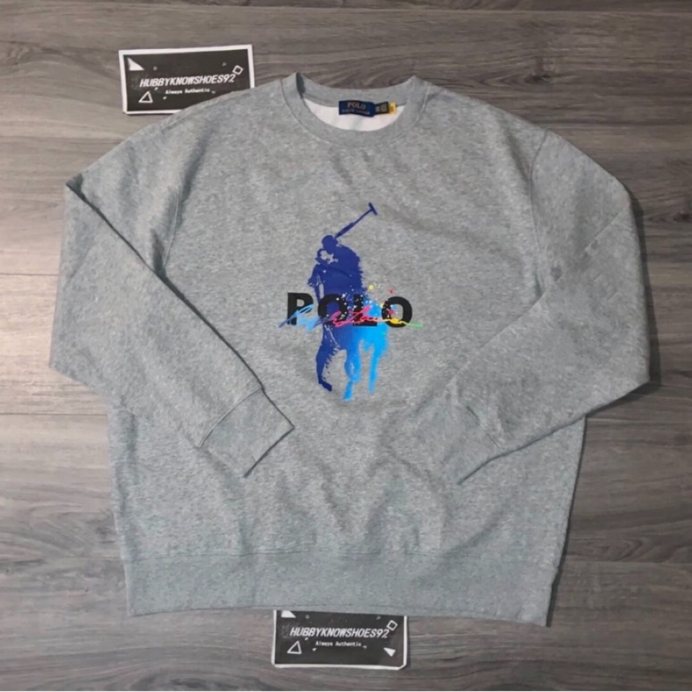 POLO RALPH LAUREN Men's Big & Tall Grey Big Pony Paint Splatter Sweatshirt 2XB